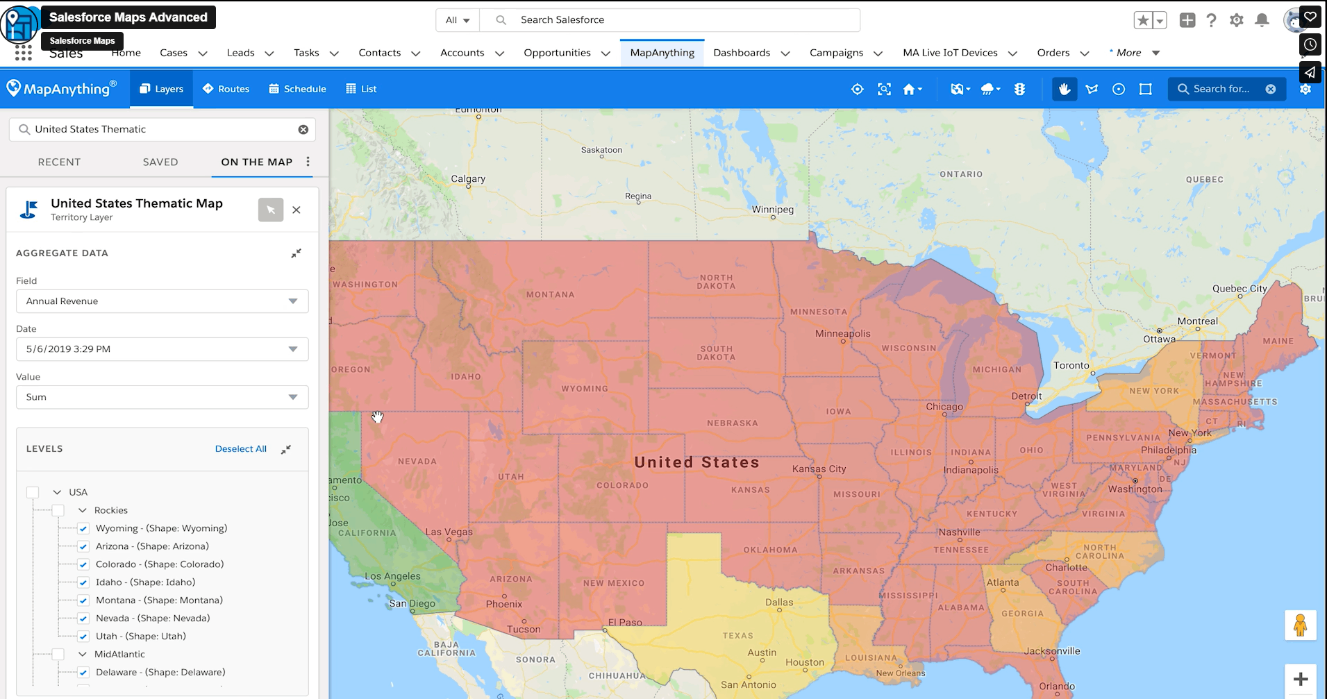 Map of US showing sales territories on Salesforce Maps.