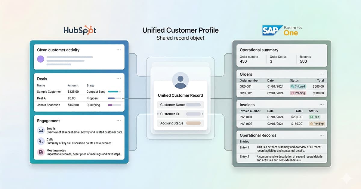 HubSpot and SAP Business One integration showing CRM activity, orders, deliveries, and invoices aligned across systems